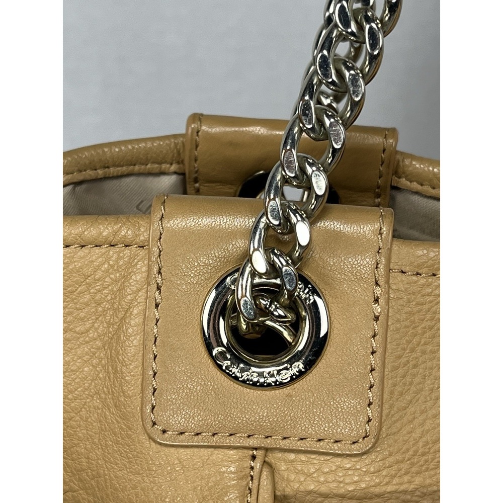 Calvin Klein Womens Leather Tote Purse Tan TurnLock Pocket Minimalist Half Chain - Picture 3 of 11